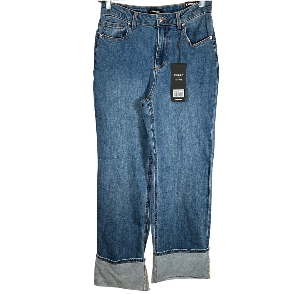 Express Womens High Rise Straight Leg Cuffed Denim Jeans Medium Wash Size 4 NEW